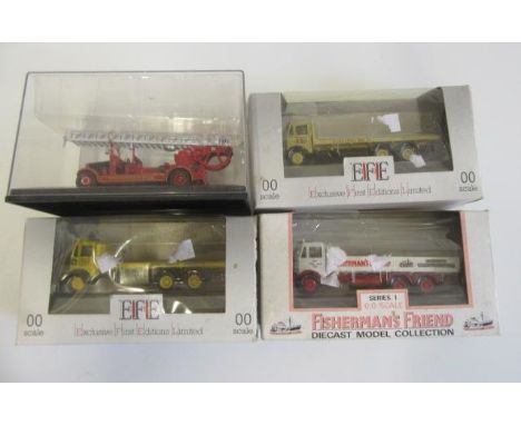 Three E.F.E. OO scale trucks comprising Blue Circle Cement, Fisherman's Friend and Furlong Bros. together with a Fire engine 