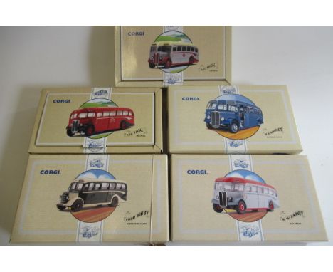 Five Corgi Classic Bus Models comprising four A.E.C. Regal and Bedford OB, all items boxed, E (Est. plus 21% premium inc. VAT