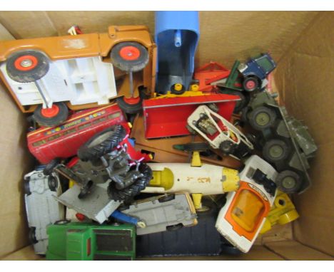 Playworn diecast vehicles by Corgi, Dinky and others including tractors, buses and motor cars, most items repainted or have d