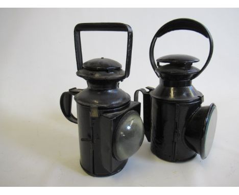 Two railway porters lamps, both repainted, one had faulty lamp burner, F-G (Est. plus 21% premium inc. VAT)
