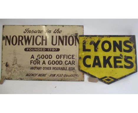Enamel post sign for Lyons Cakes, rusting to post fixing, some loss of enamel to lettering, and a Norwich Union Insurance adv