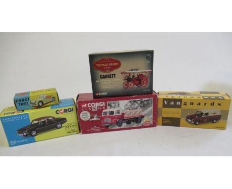 Corgi 305 Triumph TR3, B.R. Leyland Beaver truck, Rover V8, Vintage Glory Garrett and a Vanguards Ford Anglia van, all items 