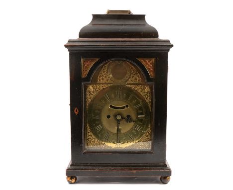 A George III ebony and ebonised bracket clock, arched brass dial signed James Green in the lunette, pagoda top, chapter-ring 