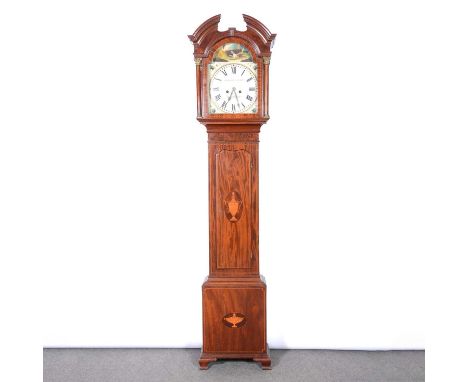 Inlaid mahogany longcase clock, the hood with architectural pediment, turned Corinthian columns, trunk with long door and oge