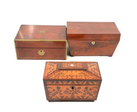 Victorian mahogany and brass travelling box, part fitted interior, 28cm, an inlaid rosewood tea caddy and a mahogany tea cadd