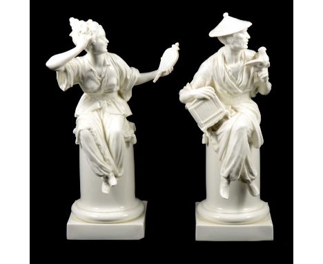 Two Royal Worcester blanc de chine figures by A Azori, 'Le Miroir' and 'L'Oiseau', 29cm.Qty: 2