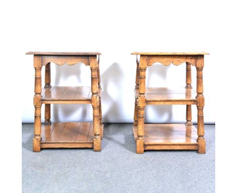 Pair of modern oak lamp tables, square tops, turned legs joined by shelves, 44x44cm, height 61cm.Qty: 2