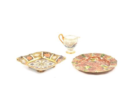 Royal Crown Derby Imari lozenge shape dish; Chelsea milk jug with peony and pagoda pattern; and an 18th century Whieldon crea