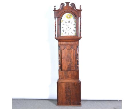 Mahogany longcase clock, the hood with swan neck pediment, turned columns, case with short door, box baser, fourteen inch arc