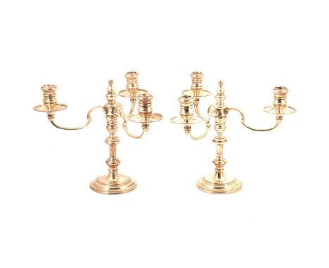 A pair of George I style silver three-piece candelabra, William Comyns &amp; Sons Ltd, London 1970, knopped stem, circular st
