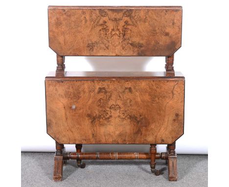 Victorian walnut Sutherland table / whatnot, two tiers with drop pleaves, turned supports, the base with gate legs, width 61c