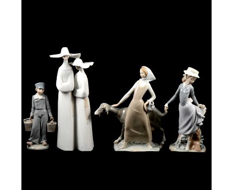 Nine large Lladro figures, including girls with farmyard animals, boy with milk pails, group of Nuns, etc.Condition report:Gi
