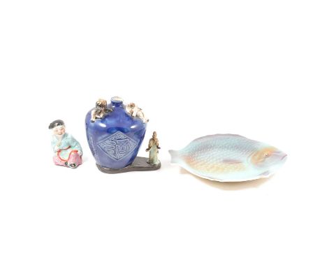 Quantity of assorted modern Asian decorative ceramics, including Laughing Buddhas, Japanese lustre ware tea set, etc.Qty: 1 b