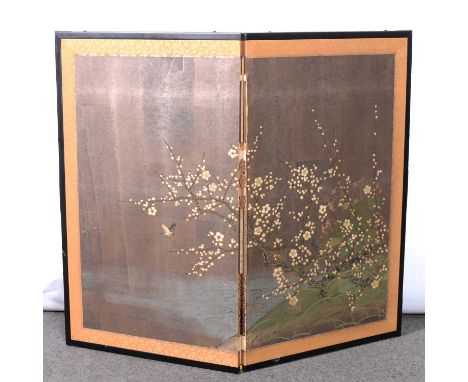 Japanese two panel screen, watercolour painted with birds and flowering prunus, 77x95cm.