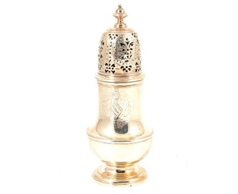 A silver sugar caster, maker's mark indistinct, London 1728, baluster form, plain polished finish with engraved crest, circul