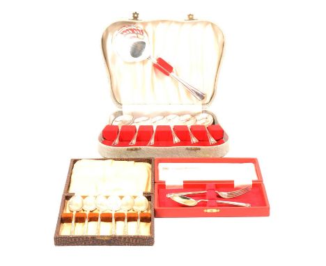 A silver Christening spoon and fork, Cooper Brothers &amp; Sons Ltd, Sheffield 1974, in fitted case; a silver-plated twin-han