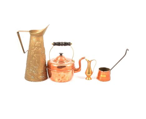 Brass and copper ware, to include oil lamp with two glass funnels and shade; coal scuttle; jug; chargers etc.