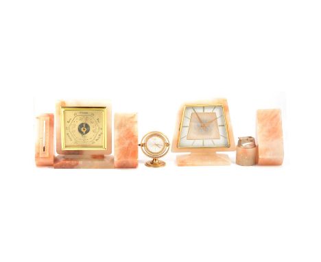 A suite of Art Deco onyx mantel clock, shaped case, trapezoid face, replaced quartz movement, 19cm; barometer with square gil