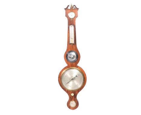 Victorian rosewood banjo barometer, swan neck pediment, silvered dials and a mirror, signed Brown, Ipswich, 96cm.Condition re