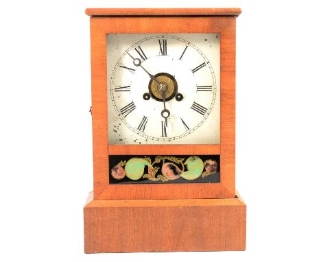 Mahogany cased shelf clock, alarm movement striking on a bell, 30cm.