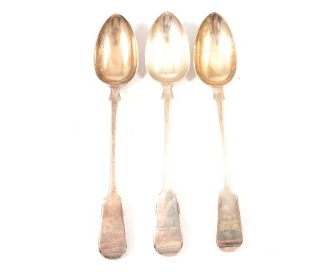 A pair of silver basting spoons, John James Whiting, London 1854, fiddle pattern, engraved initials; and another silver basti