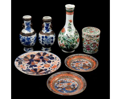 Box of miscellaneous Chinese porcelain and ceramics, including two Imari style plates, 21.5cm, another pair of plates painted