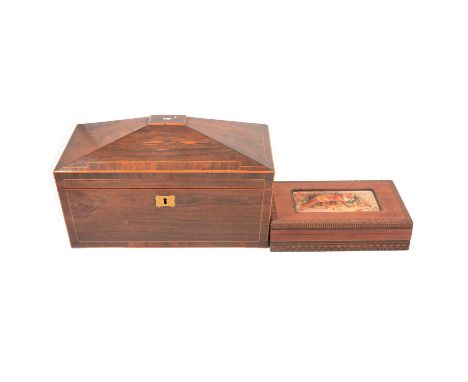 Victorian rosewood tea caddy, sarcophagus shape, fitted interior, 33cm, and a hardwood box, the lid inset with a Cash's silk 