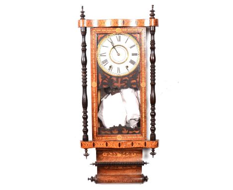 American Tunbridge Ware wall clock, movement striking on a bell, 94cm.