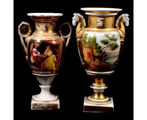 19th century Continental porcelain pedestal vase, horsehead handles to the shoulders, the field painted with a llama (?) in a