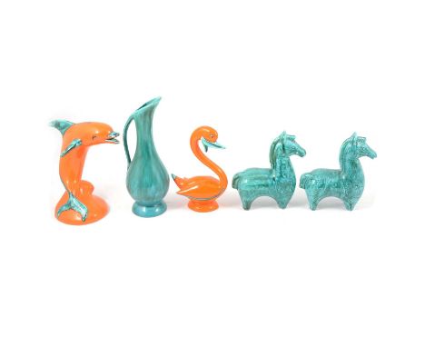 Collection of 1960s/70s vintage Anglia Pottery, including turquoise glazed horses, 15.5cm, snails, frogs, etc.