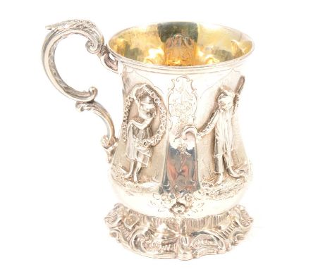 A Victorian silver tankard, George John Richards, London 1854, octagonal panel form, the four larger panels with applied figu