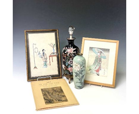 A Chinese rice paper painting, 19th century, 38 x 26cm, two Japanese cloisonne vases, 19th century, heights 31cm and 24.5cm, 