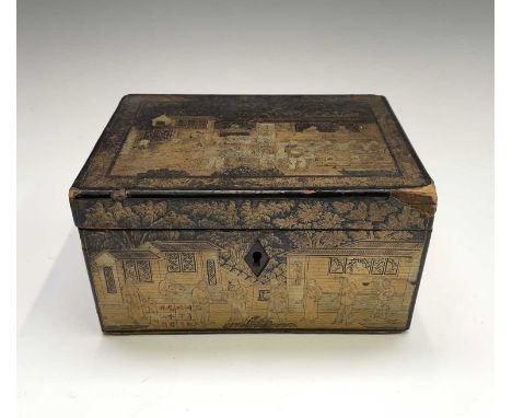 A Chinese export gilt-decorated black lacquer tea caddy, 19th century, the exterior decorated with figures amid pavilions and
