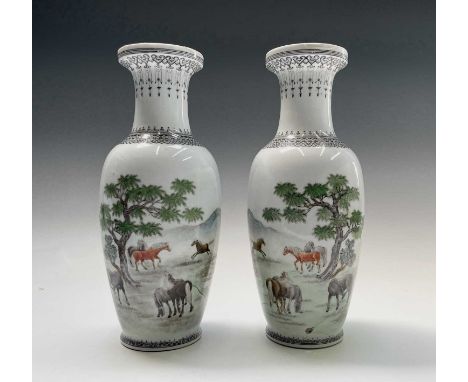 A pair of Chinese porcelain baluster vases, 20th century, decorated with a lake scene and horses, with script, red seal mark,