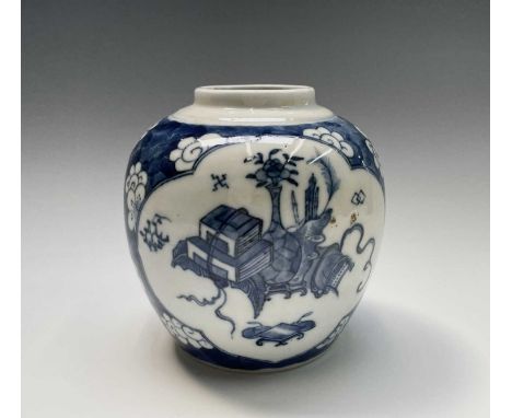 A Chinese prunus pattern ginger jar, 19th century, with opposing panels enclosing precious objects, four character kangxi mar