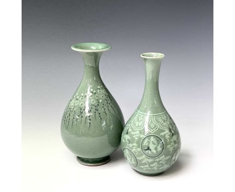 A Chinese celadon glaze vase, Republic period, the crackle ground decorated with cranes in flight amidst clouds, two characte