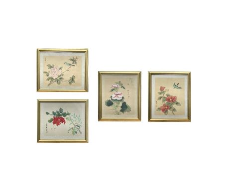 A set of four Chinese paintings on silk, 20th century,calligraphy and red seal mark, frame size 29.5 x 34cm.