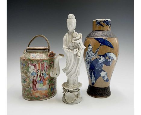 A Chinese crackle glaze vase, late 19th century, height 26cm, a Chinese Canton teapot, height 17.5cm and a Chinese blanc de c