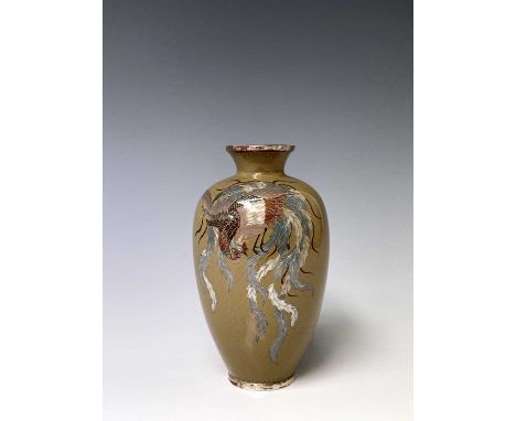 A Japanese cloisonne enamel decorated with a phoenix and flowers on a khaki ground, with silvered rim, height 13.5cm.Conditio