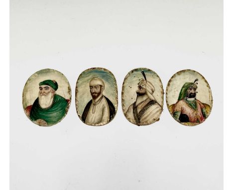 Four Persian unframed oval portrait miniature paintings on ivory, 19th century, 6 x 4.5cm.Provenance:Michael Trethewey. A Gen