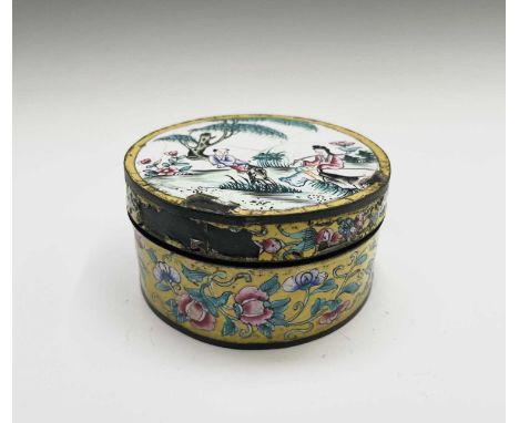 A Chinese Canton enamel circular box and cover, 19th century, height 4.5cm, diameter 9cm.Condition report: Some losses. Pleas