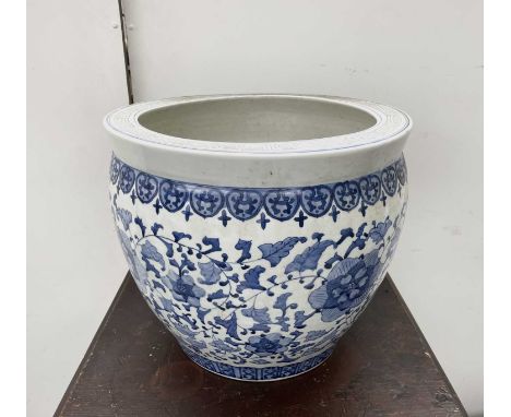 A Chinese porcelain blue and white fish bowl jardiniere, 20th century, height 39.5cm, diameter 45.5cm.Provenance:Michael Tret