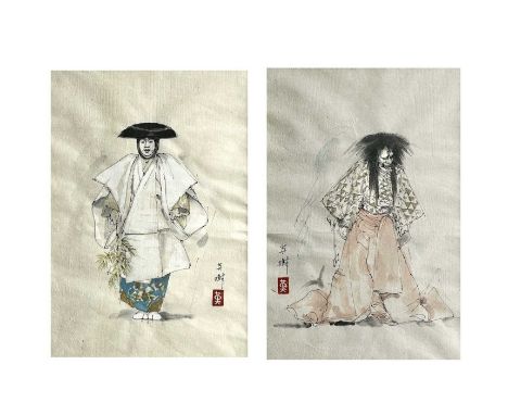 Two Japanese pen and wash drawings depicting noh actors, signed, frame size 52 x 41cm, picture size 36.5 x 25cm.Condition rep