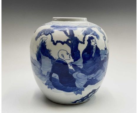 A Chinese porcelain blue and white ginger jar and cover, 19th century, Kangxi four character mark, height 26cm, diameter 19.5