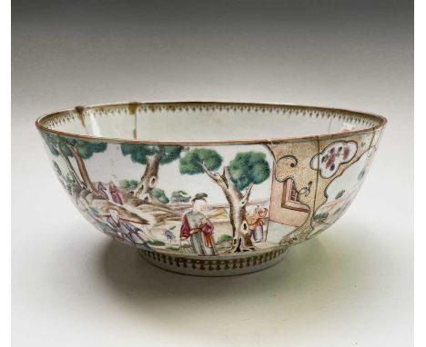 A Chinese famille rose porcelain bowl, 18th century, the landscape and river scene with figures and animals, height 13cm, dia