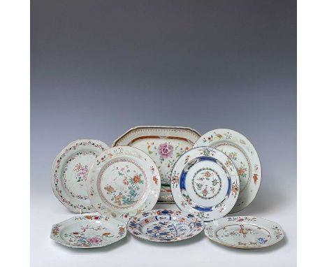 Three Chinese famille rose porcelain plates, 18th century, the octagonal plate with deer, 22.3cm, the other two with birds am