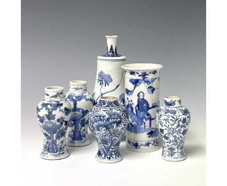 Four small Chinese porcelain blue and white baluster vases, largest height 7.5cm, a Chinese cylindrical vase, four character 