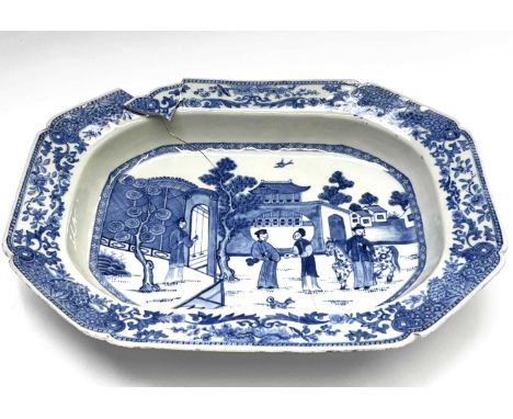 A Chinese Export porcelain octagonal blue and white meat dish, Qianlong Period (1736-1795), with a courtyard and garden scene