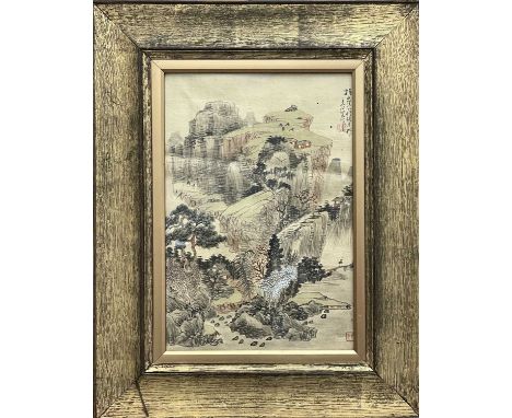 A Chinese painting on silk of a landscape scene, with calligraphy and red seal, 53 x 41.5cm.Condition report: No condition is