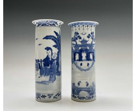 Two Chinese porcelain blue white cylindrical vases, late 19th century, each with four character Kangxi mark, largest height 2